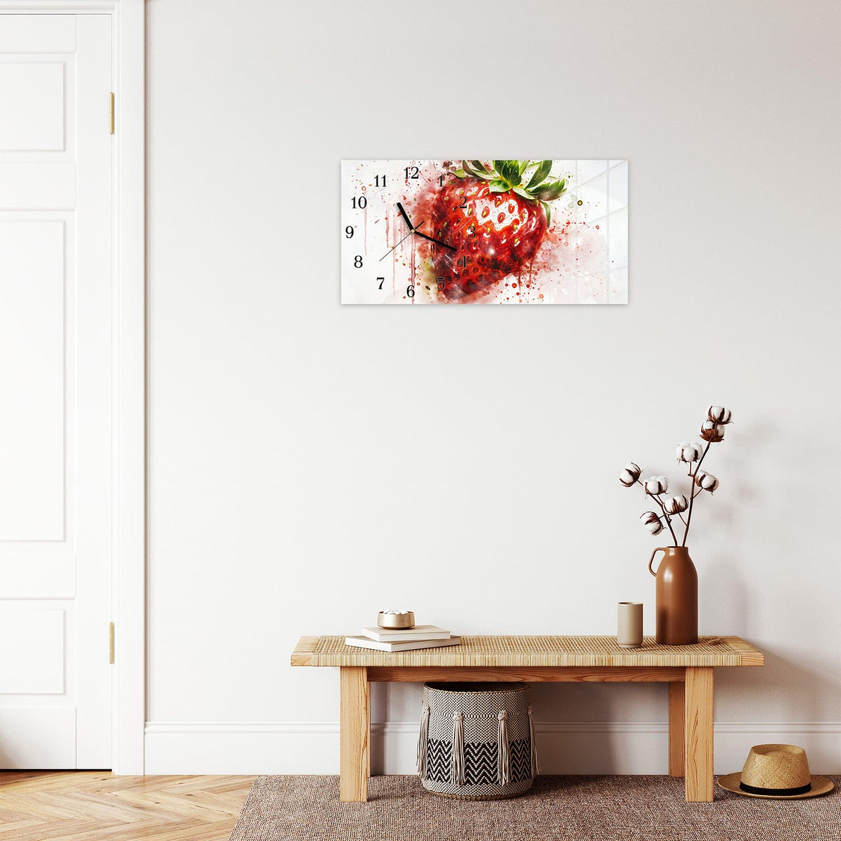 Moderne Wanduhr aus Glas mit Farbtiefe – Wanduhr Erdbeerkunstwerk aus Glas – Querformat 60 × 30 cm