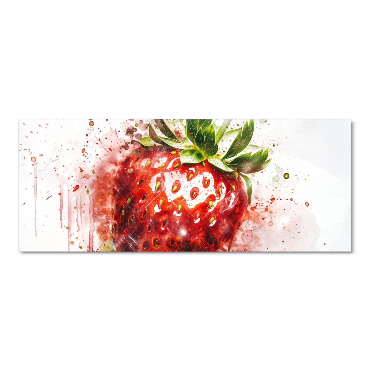 Große Erdbeere in Aquarelloptik mit roten Farbspritzern und Farbläufern