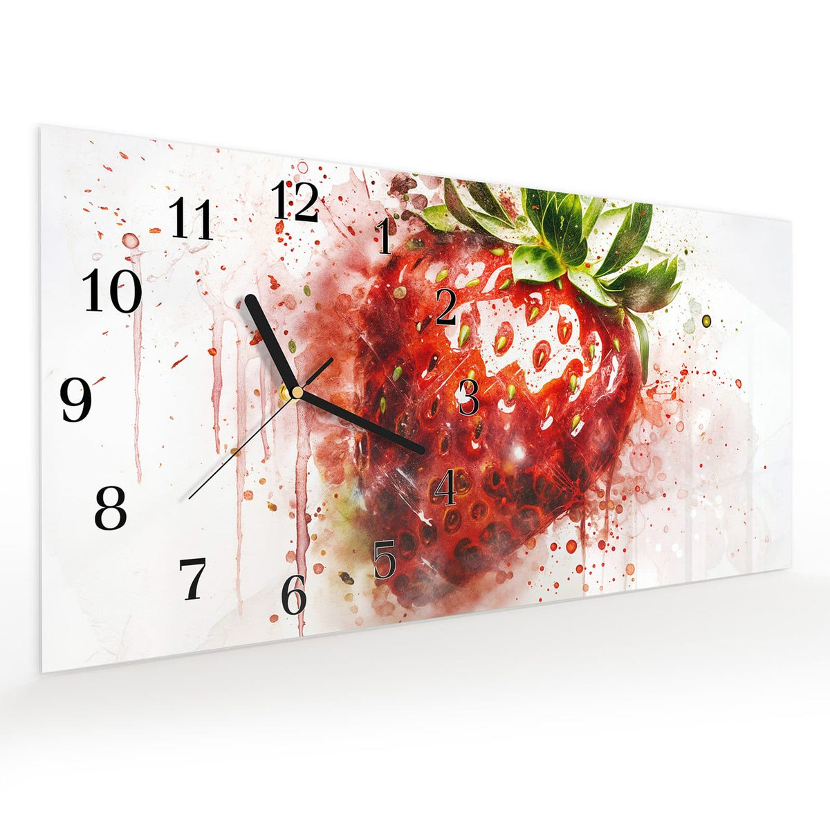 Vormontiert – mit Schwebeeffekt – Wanduhr Erdbeerkunstwerk aus Glas – Querformat 60 × 30 cm