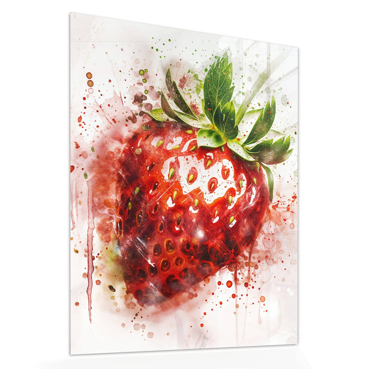 Echtglas, 4 mm – kein Acryl, keine Folie – Wandbild - Erdbeere in Aquarell - Hochformat