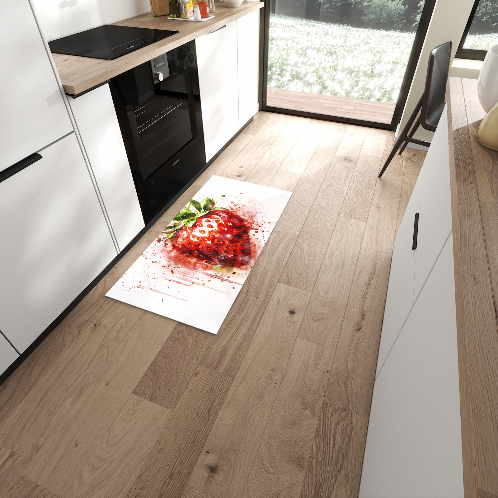 Bodenschonender Küchenläufer mit Motiv Erdbeerkunstwerk in moderner Küche #grösse_60 x 120 cm