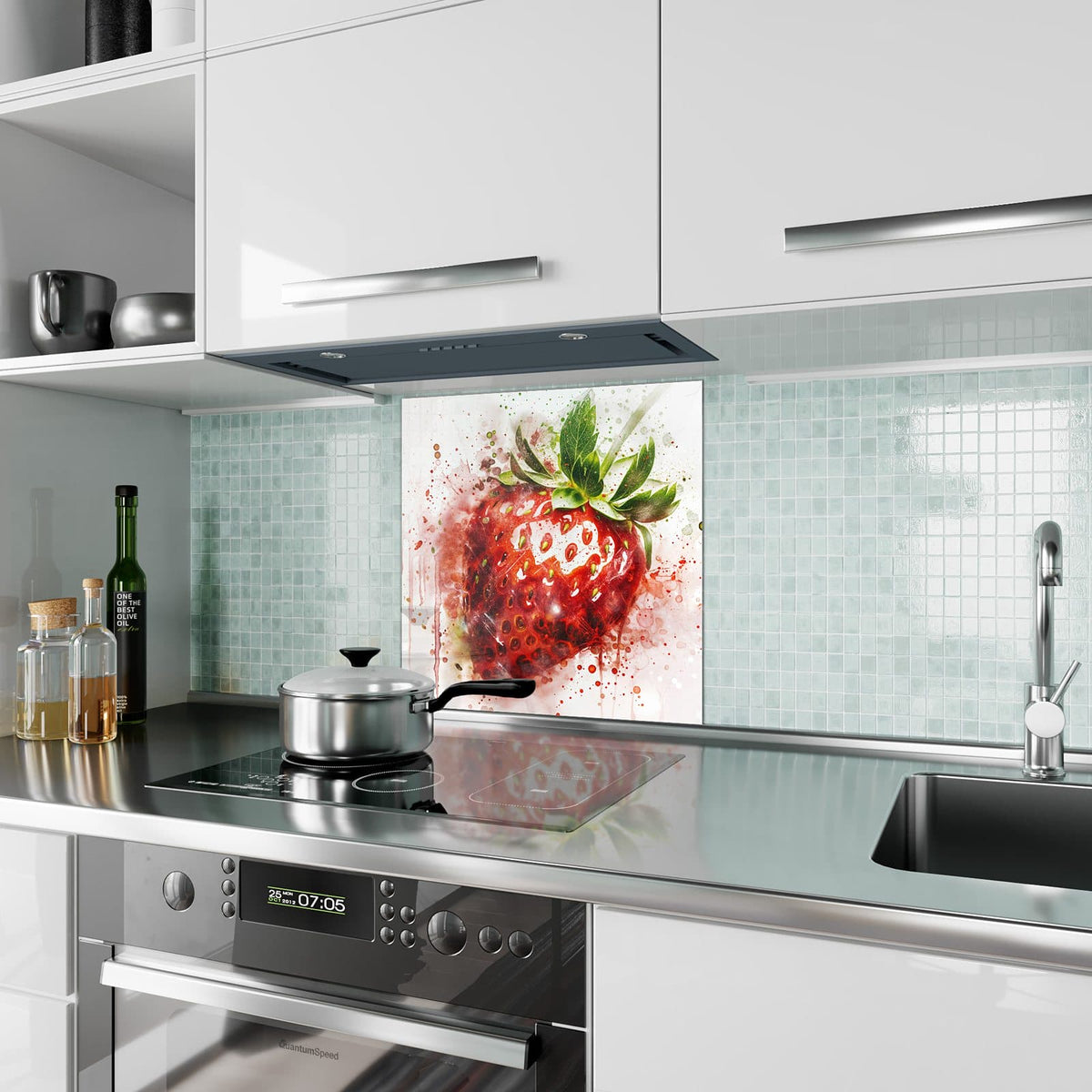 Küchenrückwand aus Glas Erdbeere in Aquarell im quadratischen Format als Spritzschutz hinter dem Kochfeld, über dem Fliesenspiegel montiert