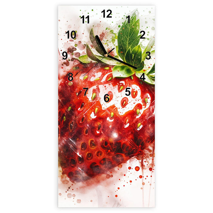 Wanduhr Erdbeerkunstwerk aus Glas – Hochformat 30 × 60 cm mit Ziffernblatt Modern