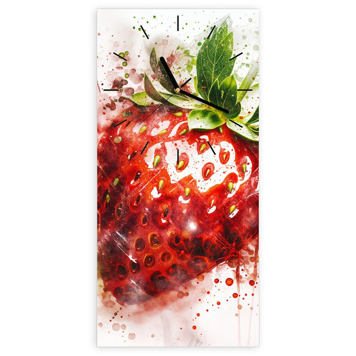 Wanduhr Erdbeerkunstwerk aus Glas – Hochformat 30 × 60 cm mit Ziffernblatt Linie