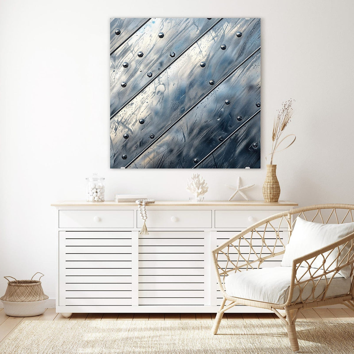 Echtglas, 4 mm – kein Acryl, keine Folie – Wandbild - Diagonale Metallpaneele - Quadratisch