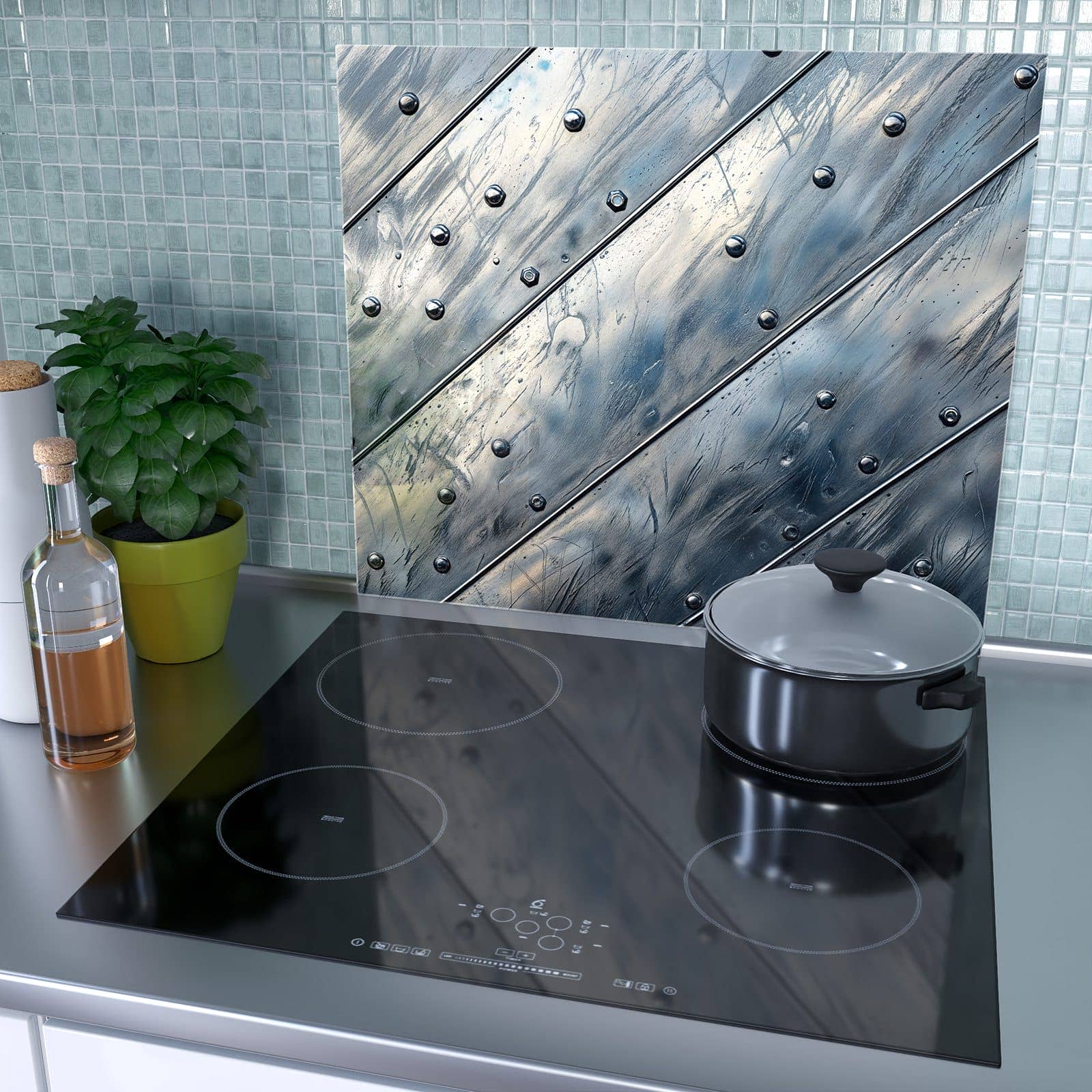 1-teilige Herdabdeckplatten aus Glas mit Metallplatte-Motiv als Spritzschutz hinter dem Kochfeld