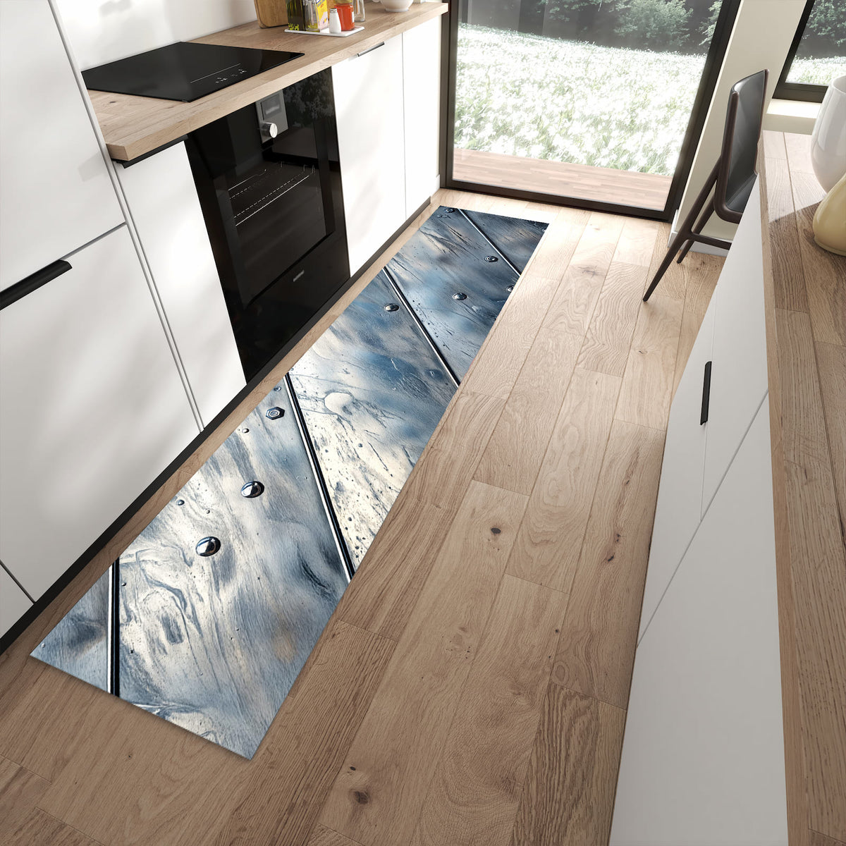 Komfortabler Küchenteppich mit Motiv Metallplatte in moderner Küche