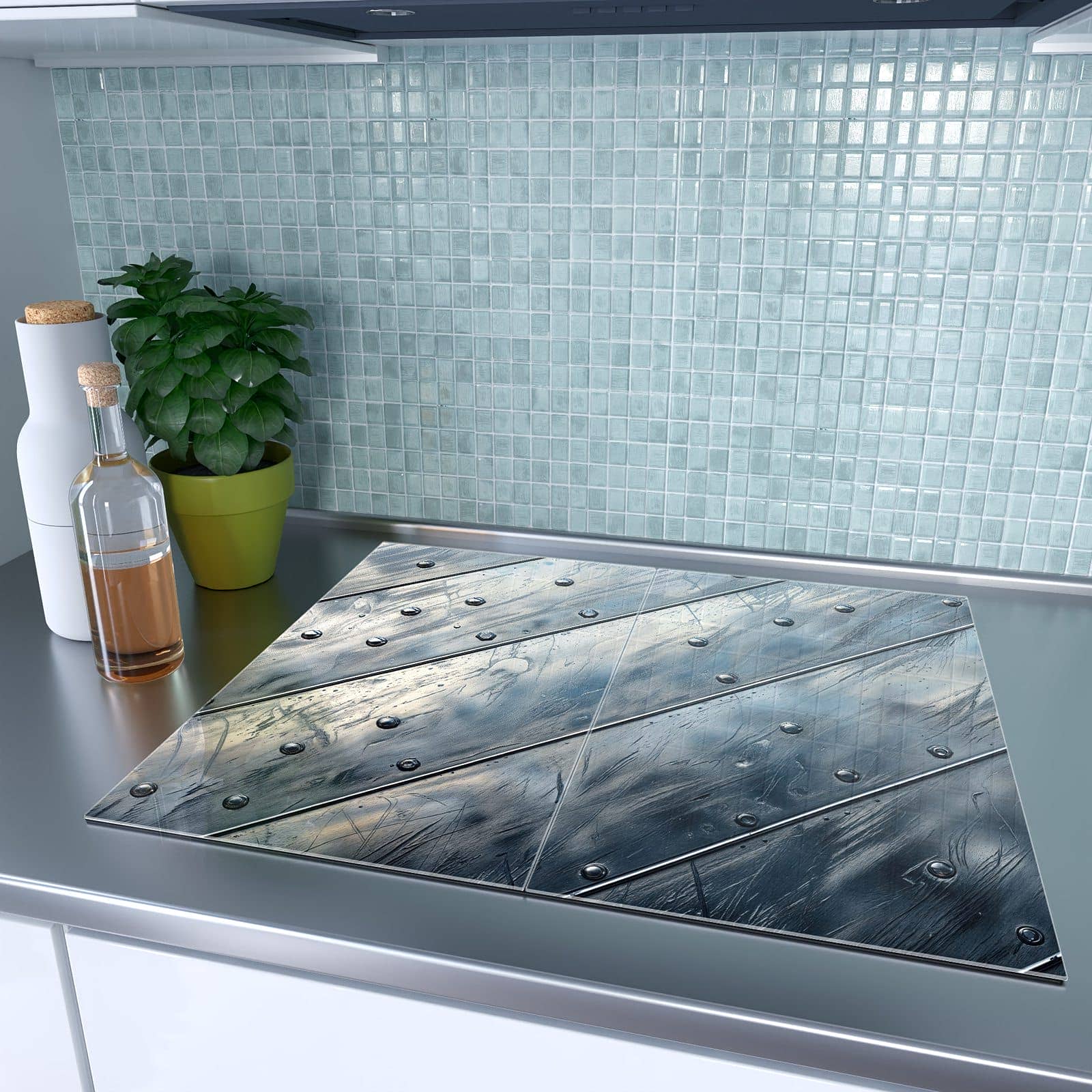 2-teilige Herdabdeckplatten für Ceranfeld mit Metallplatte-Motiv in moderner Küche