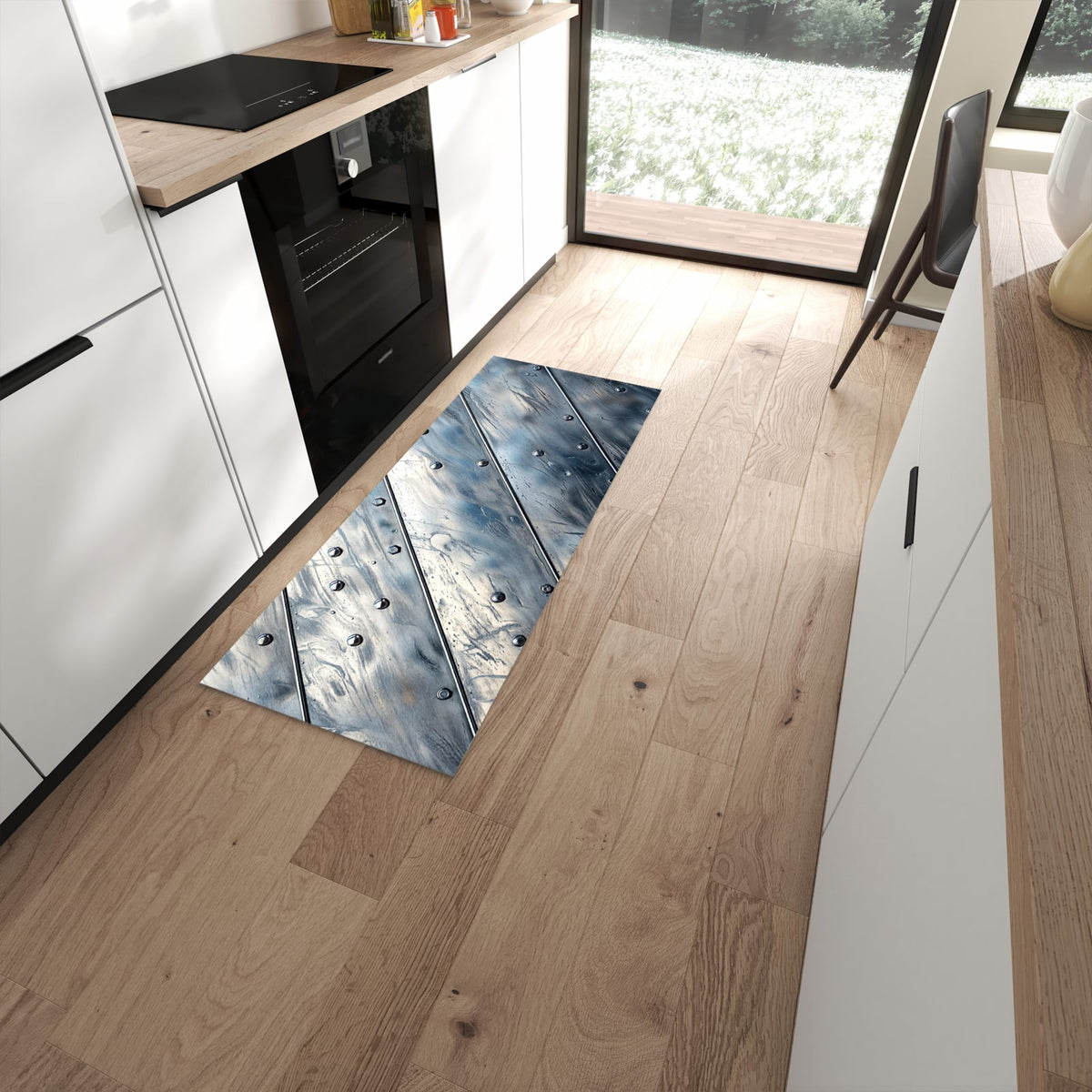 Flacher Küchenläufer mit Motiv Metallplatte in moderner Küche #grösse_60 x 150 cm