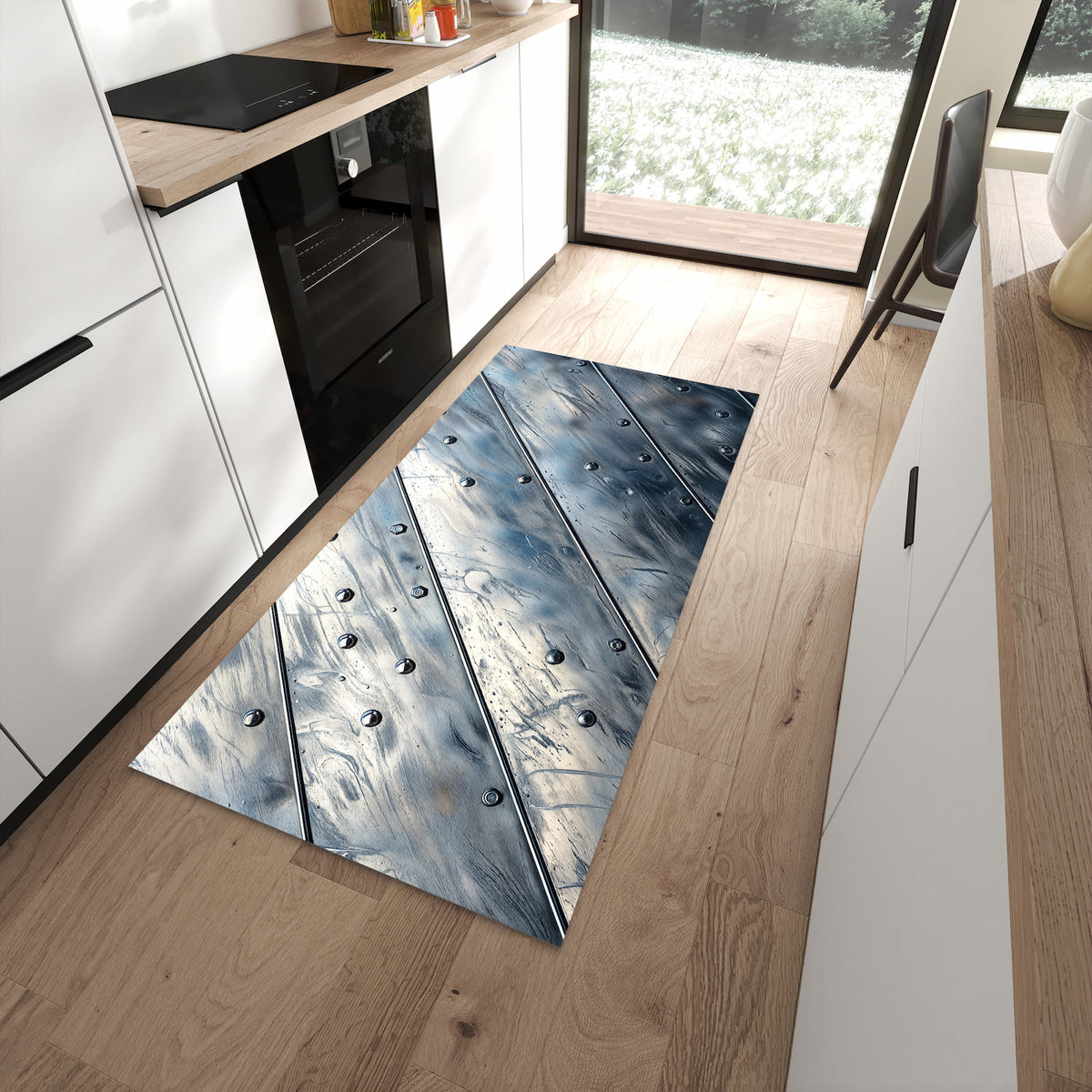 Bodenschonender Küchenteppich mit Motiv Metallplatte in moderner Küche