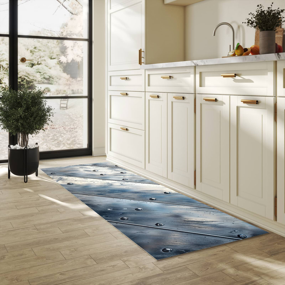 Farbbeständiger Küchenteppich mit Motiv Metallplatte in heller Küche