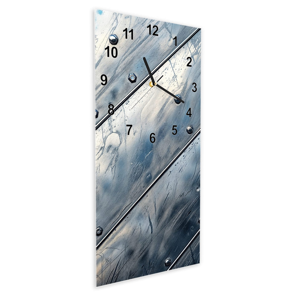 Wanduhr aus Glas im Hochformat Diagonale Metallpaneele schräg von der Seite, 4 mm starkes Glas