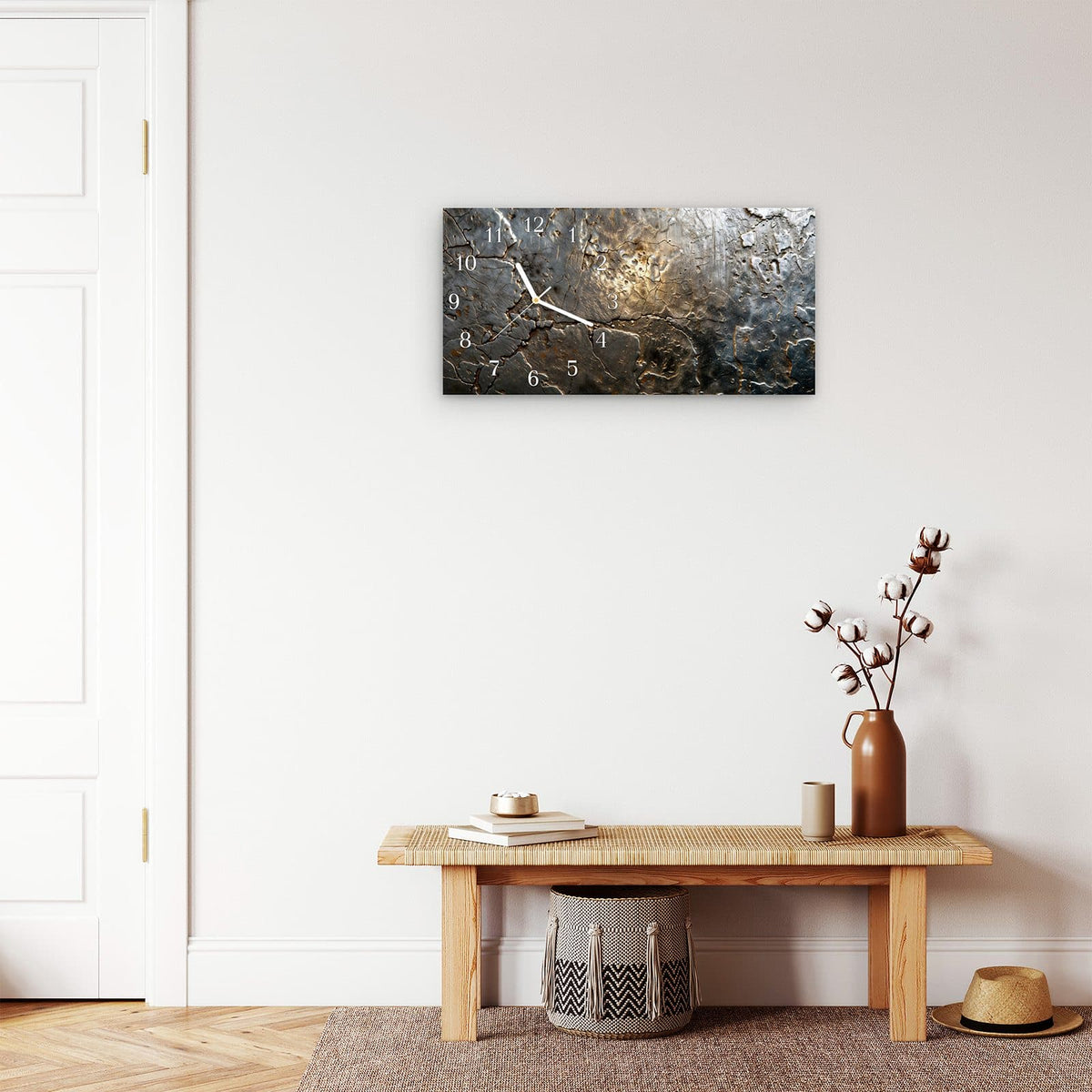 Moderne Wanduhr aus Glas mit Farbtiefe – Wanduhr Gekrakeltes Metall aus Glas – Querformat 60 × 30 cm