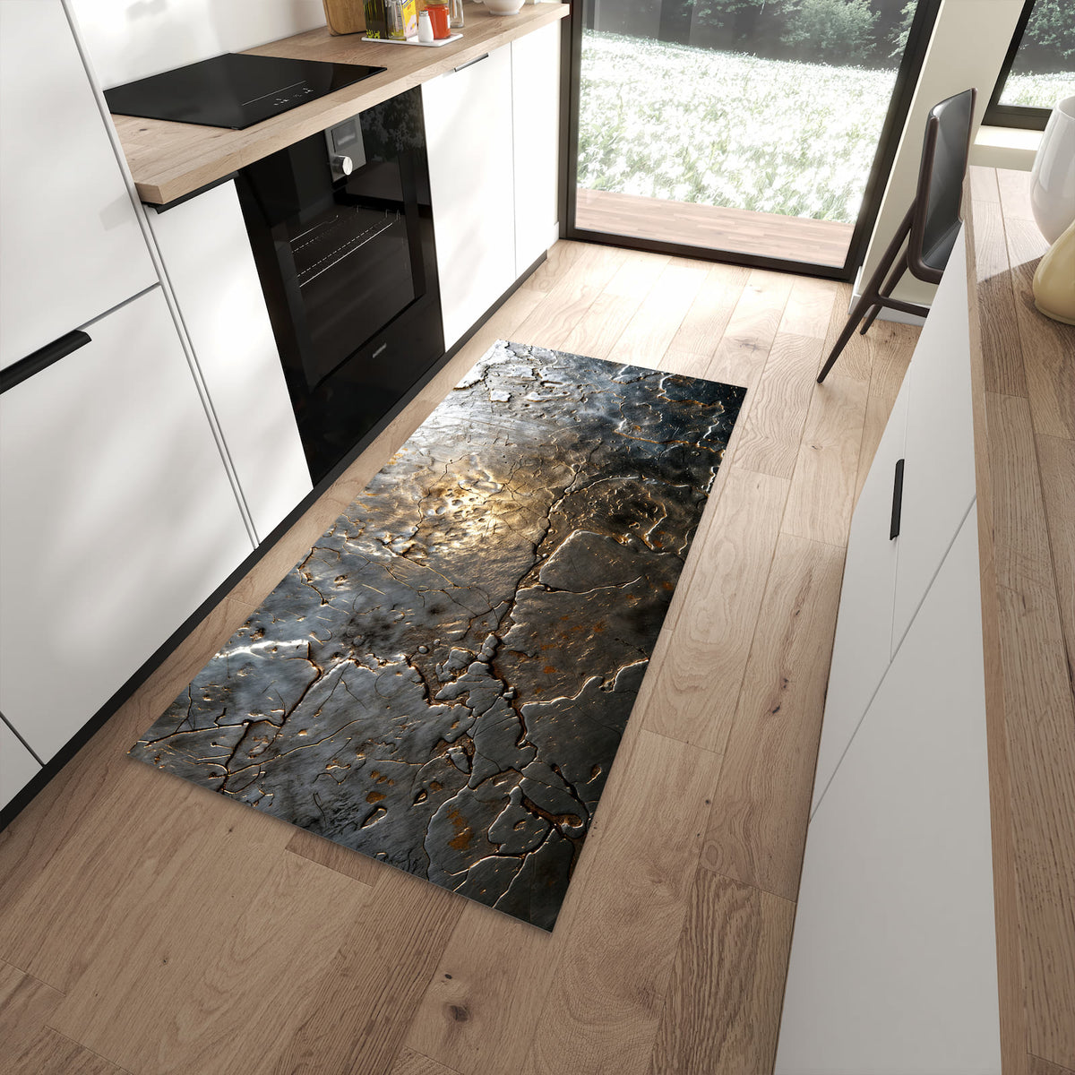 Schmutzabweisender Küchenteppich mit Motiv Gekrakeltes Metall in moderner Küche