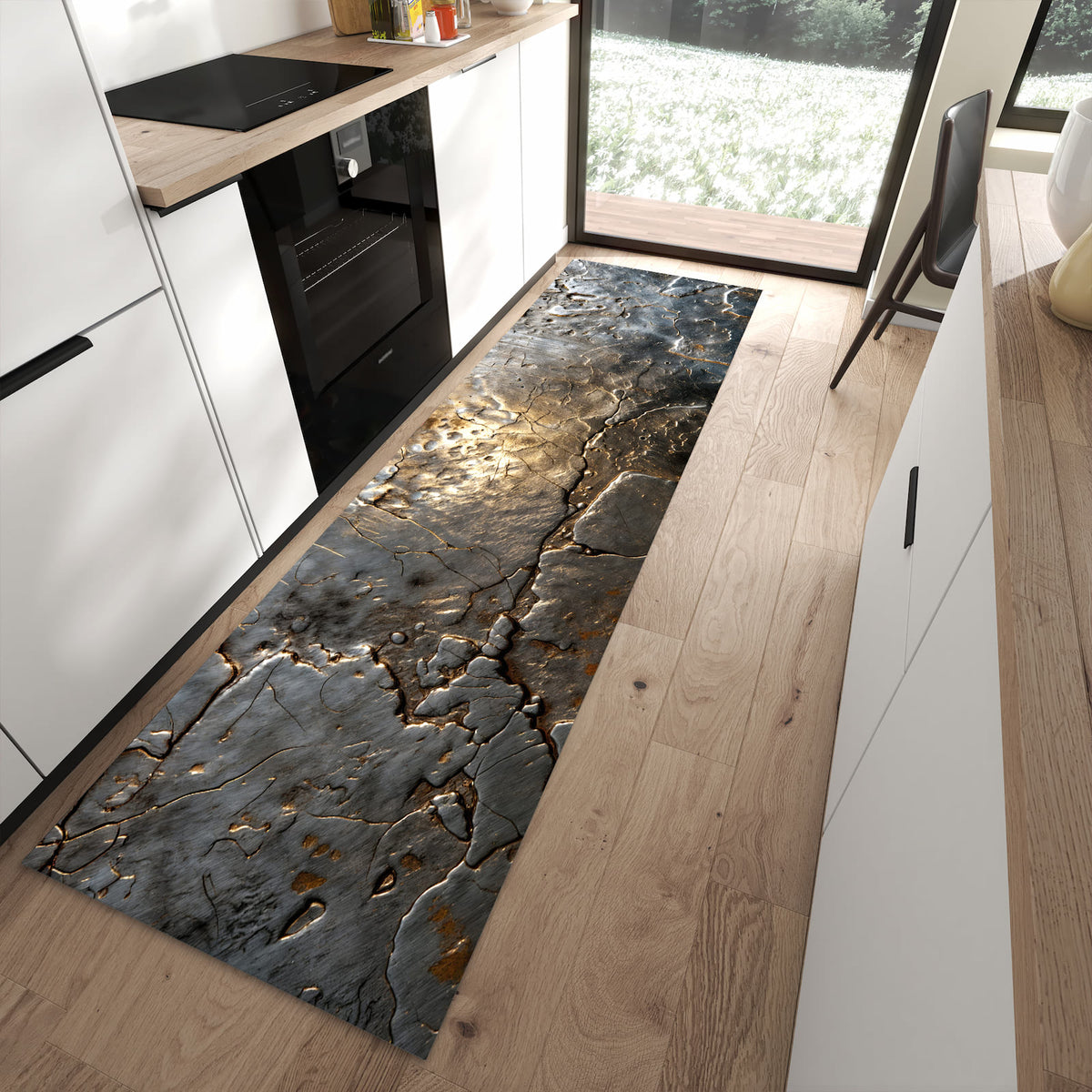 Wasserabweisender Teppich für die Küche mit Motiv Gekrakeltes Metall in moderner Küche