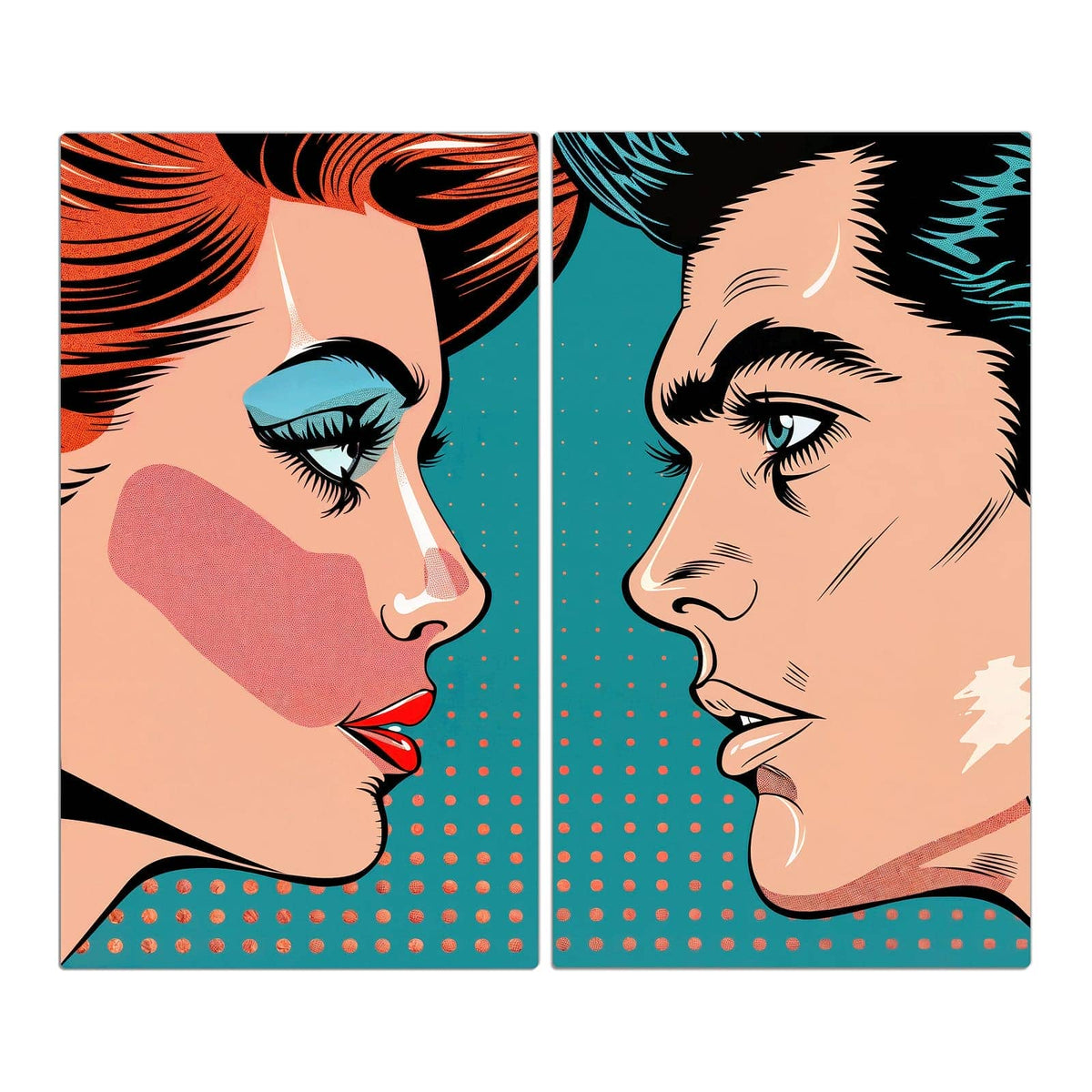 Ein einzelnes Pop-Art-Frauenprofil mit roten Haaren und blauem Lidschatten vor türkisem Punktraster
