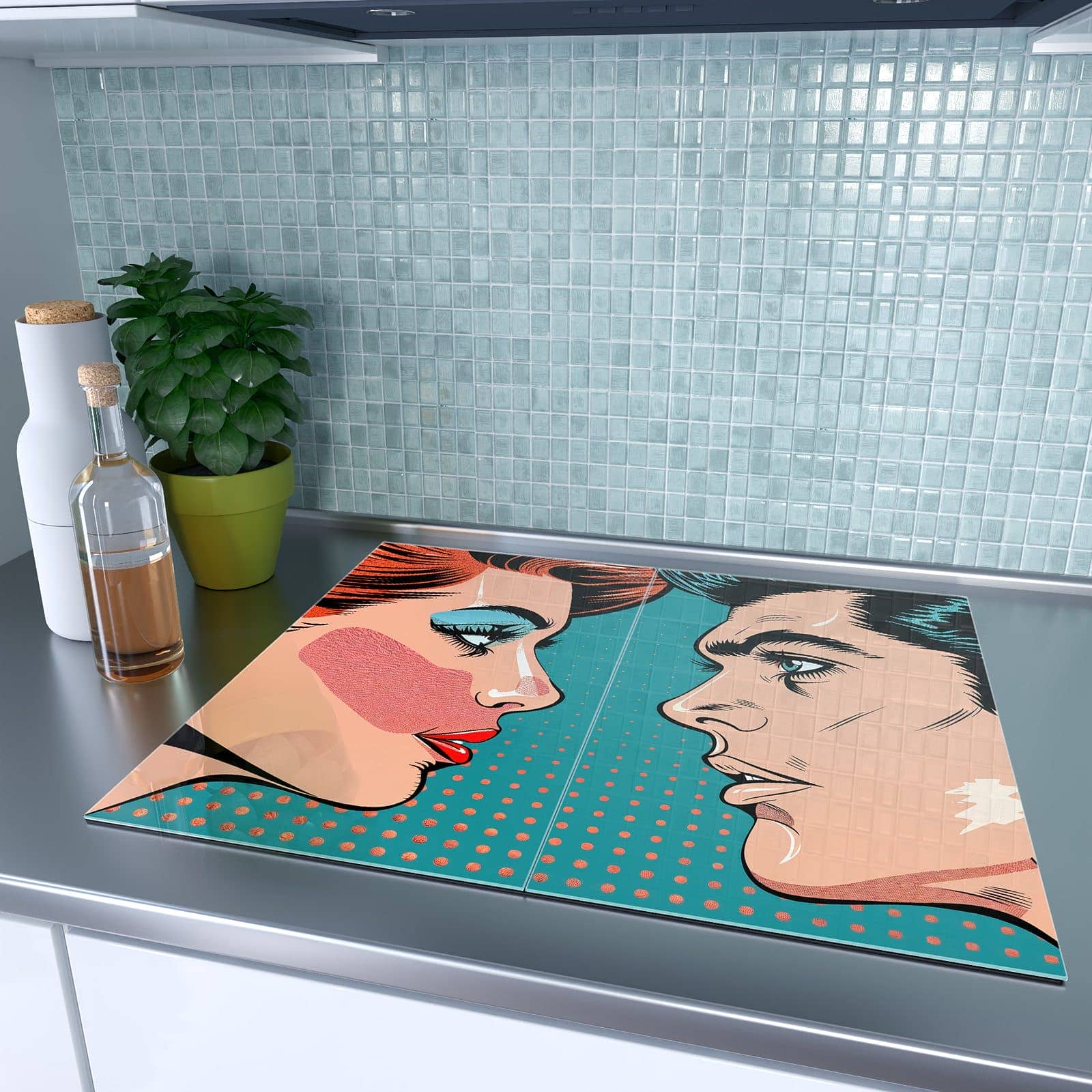 2-teilige Herdabdeckplatten mit Pop Art Paar-Motiv auf dem Ceranfeld
