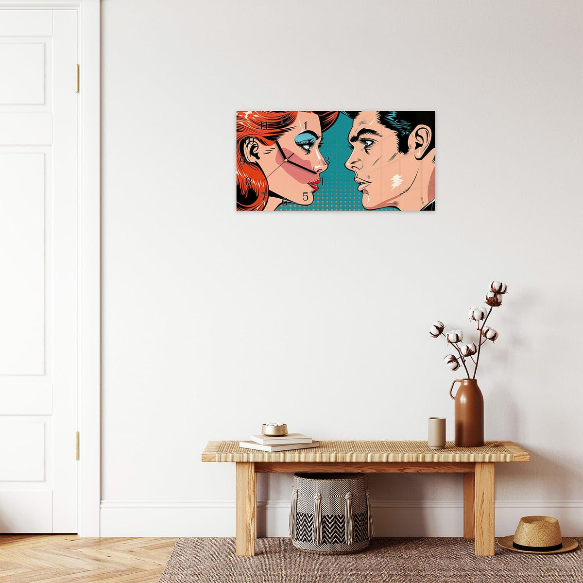 Moderne Wanduhr aus Glas mit Farbtiefe – Wanduhr Pop Art Paar aus Glas – Querformat 60 × 30 cm