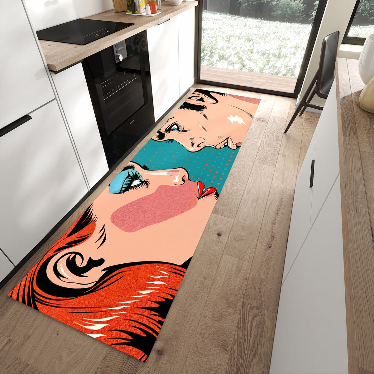 Rutschfester Küchenläufer mit Motiv Pop Art Paar in moderner Küche