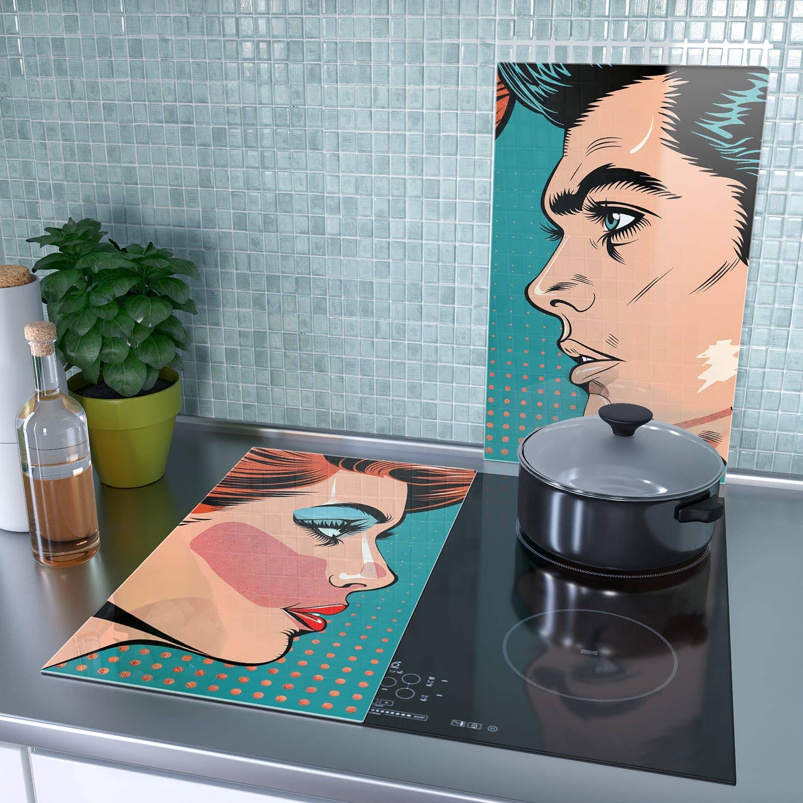 2-teilige Glasplatte für Herd mit Pop Art Paar-Motiv als Spritzschutz hinter dem Kochfeld