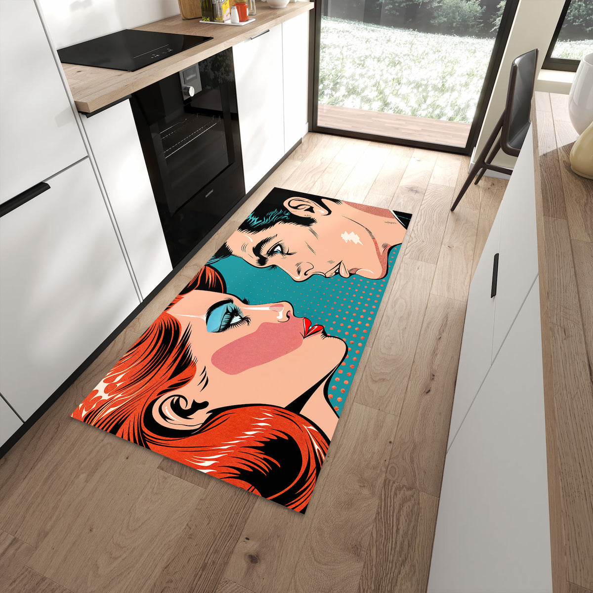 Bodenschonender rutschfester Küchenläufer mit Motiv Pop Art Paar in moderner Küche
