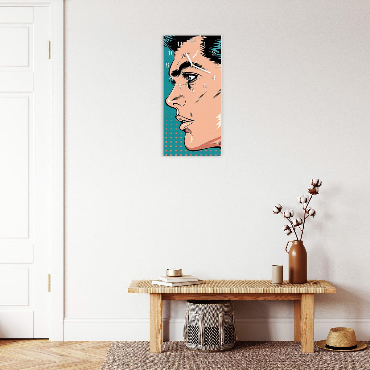 Moderne Wanduhr aus Glas mit Farbtiefe – Wanduhr Pop Art Paar aus Glas – Hochformat 30 × 60 cm