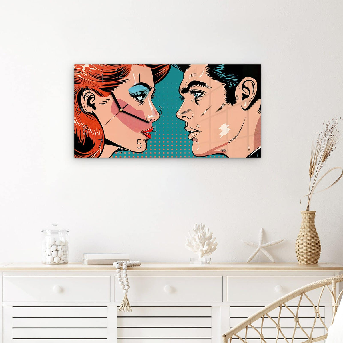 Wanduhr Pop Art Paar aus Glas – Querformat 60 × 30 cm – Zwei Comic-Gesichter im Profil