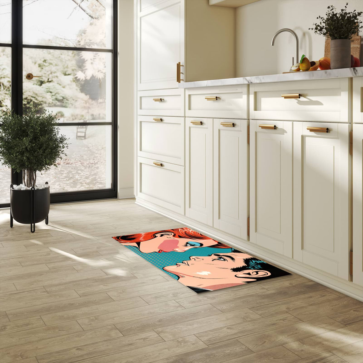 Langlebiger Teppich für Esstisch mit Motiv Pop Art Paar in heller Küche, waschbar