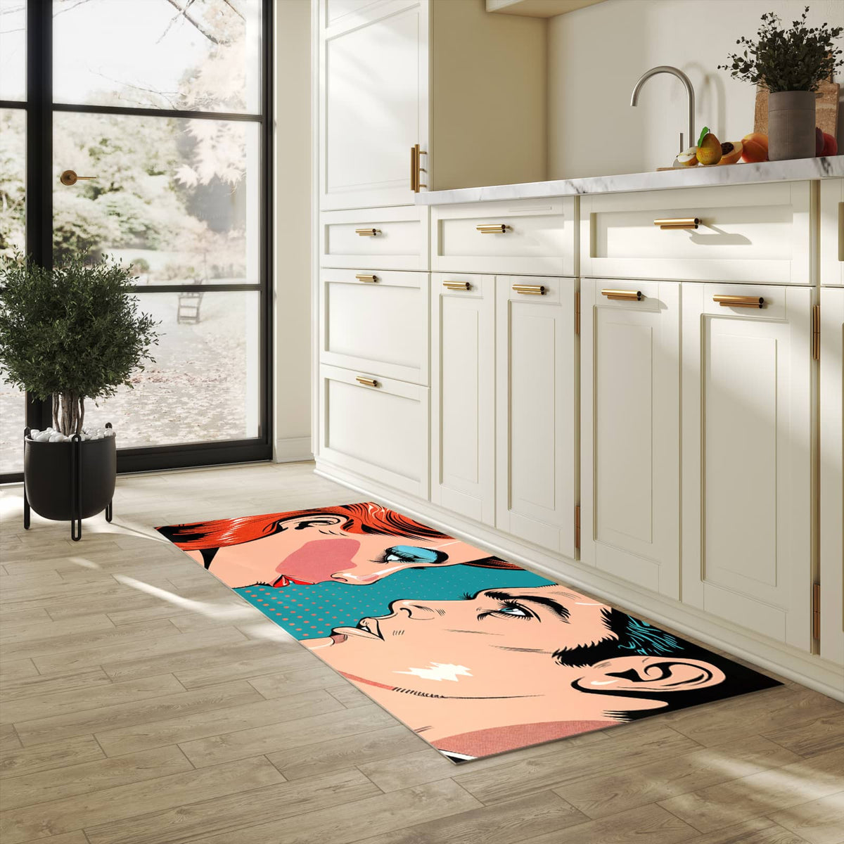 Formstabiler rutschfester Küchenteppich mit Motiv Pop Art Paar in heller Küche