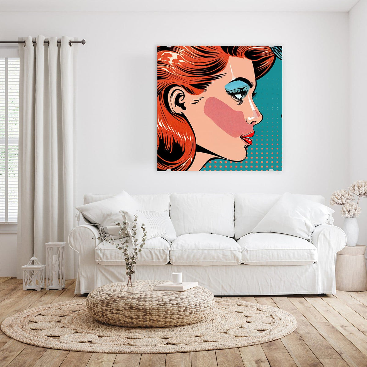 Ein einzelnes Pop-Art-Frauenprofil mit roten Haaren und blauem Lidschatten vor türkisem Punktraster