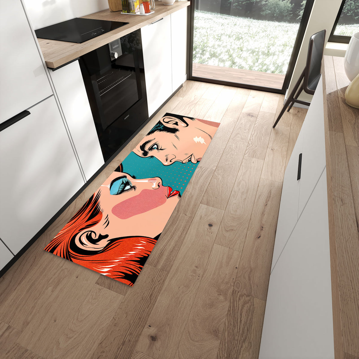Rutschfester Küchenteppich mit Motiv Pop Art Paar in moderner Küche