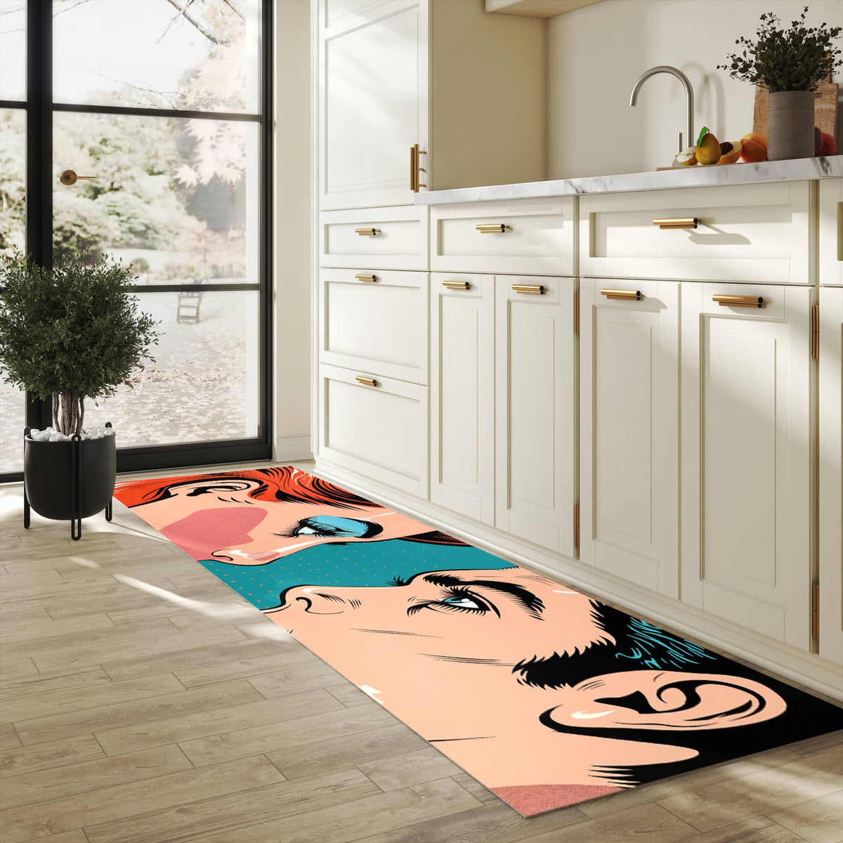 Geräuschdämpfender waschbarer Küchenteppich mit Motiv Pop Art Paar in heller Küche