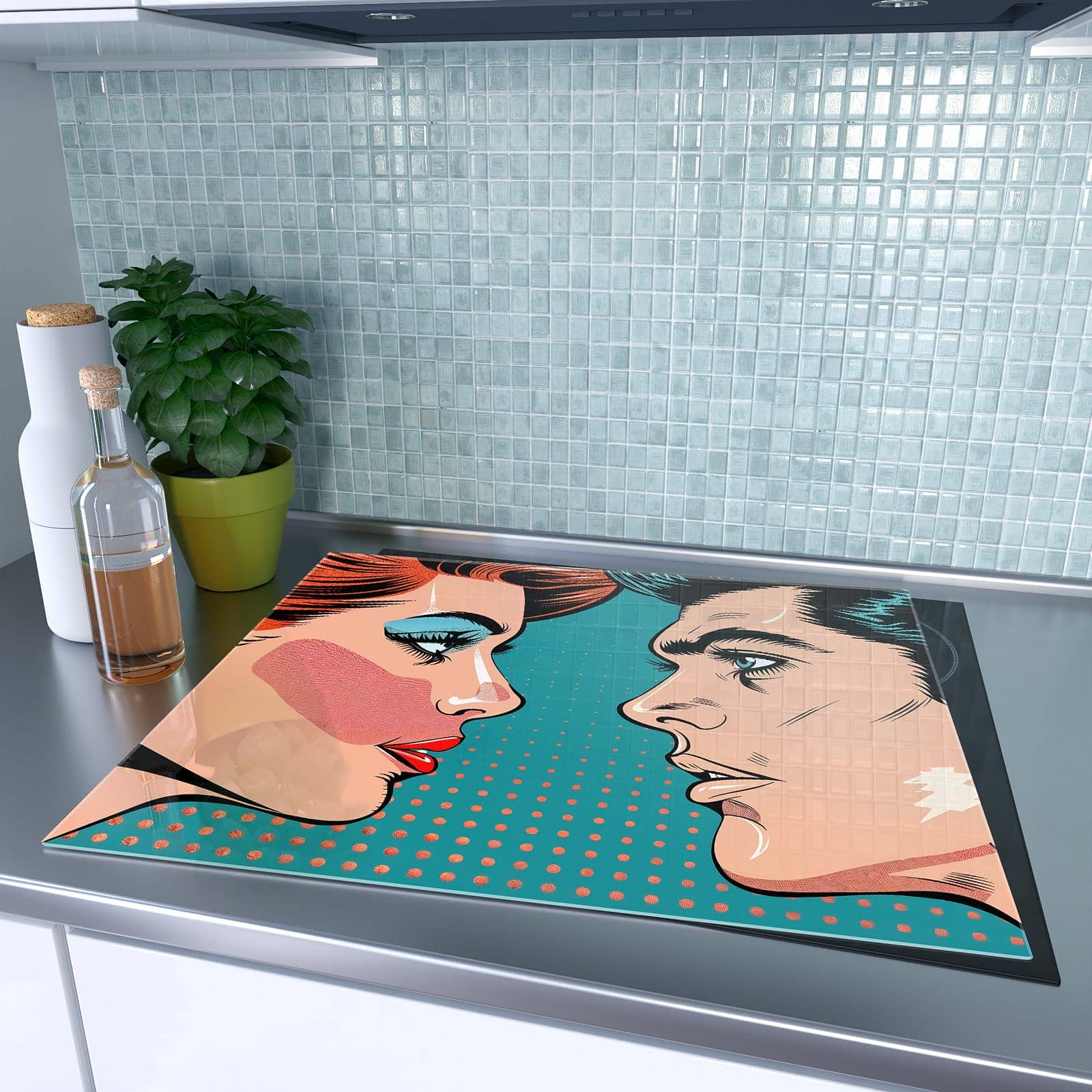 1-teilige Herdabdeckplatte aus Glas mit Pop Art Paar-Motiv auf dem Ceranfeld