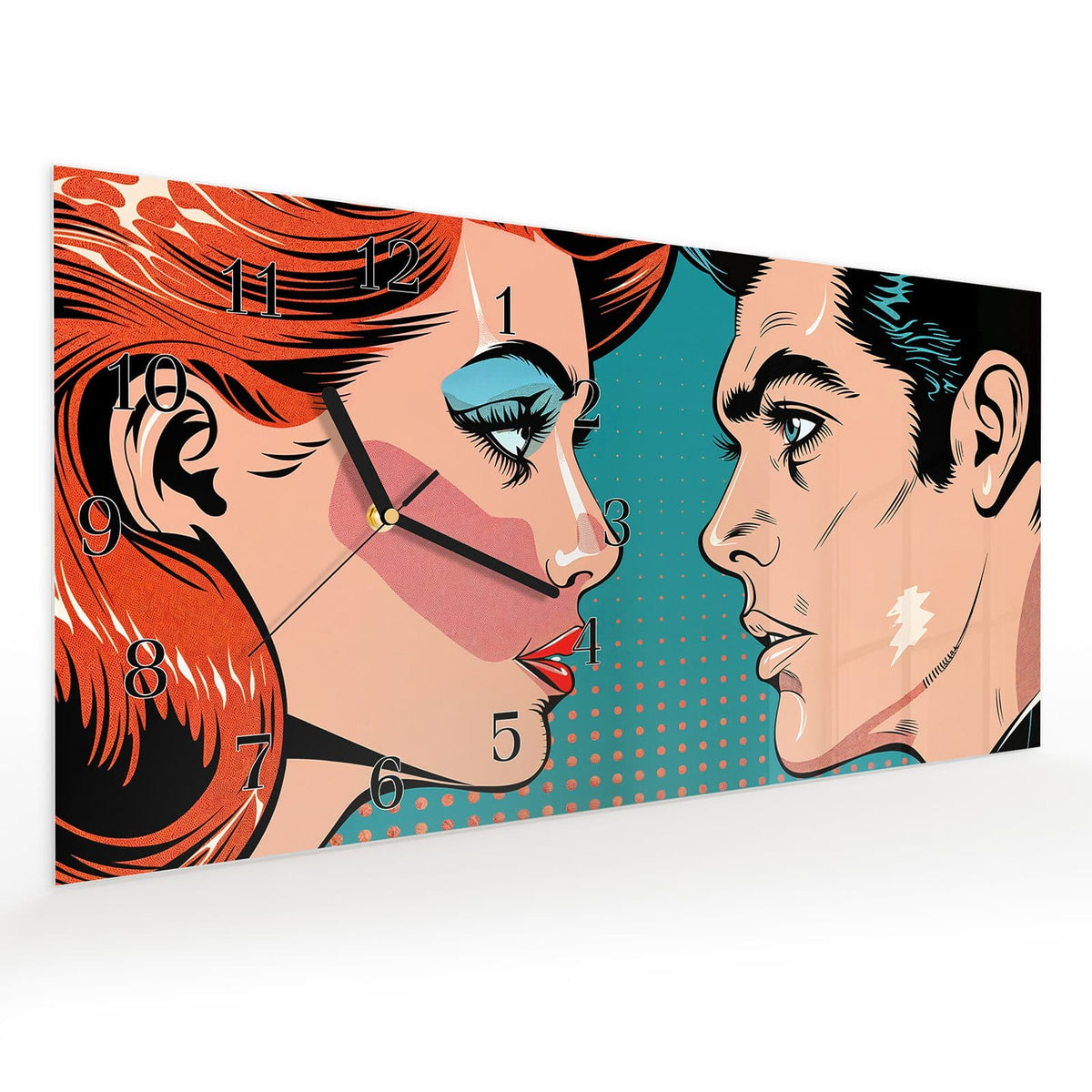 Vormontiert – mit Schwebeeffekt – Wanduhr Pop Art Paar aus Glas – Querformat 60 × 30 cm