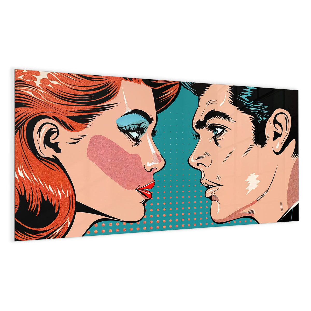 Ein einzelnes Pop-Art-Frauenprofil mit roten Haaren und blauem Lidschatten vor türkisem Punktraster