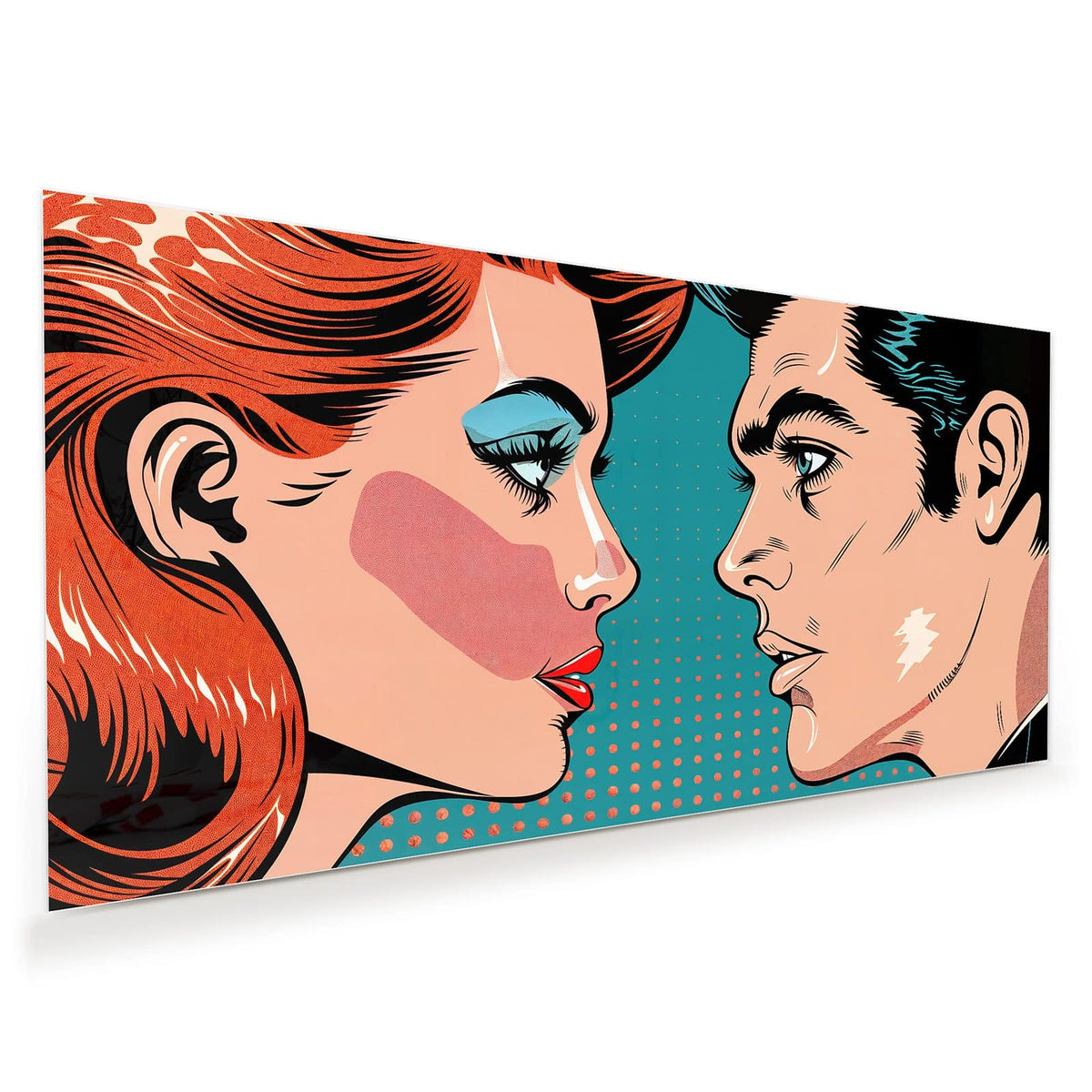 Ein einzelnes Pop-Art-Frauenprofil mit roten Haaren und blauem Lidschatten vor türkisem Punktraster