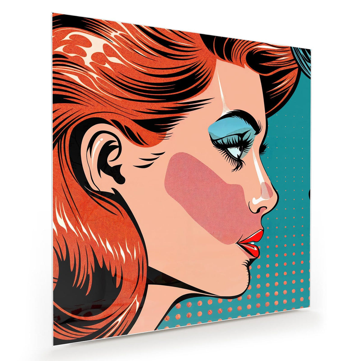 Ein einzelnes Pop-Art-Frauenprofil mit roten Haaren und blauem Lidschatten vor türkisem Punktraster