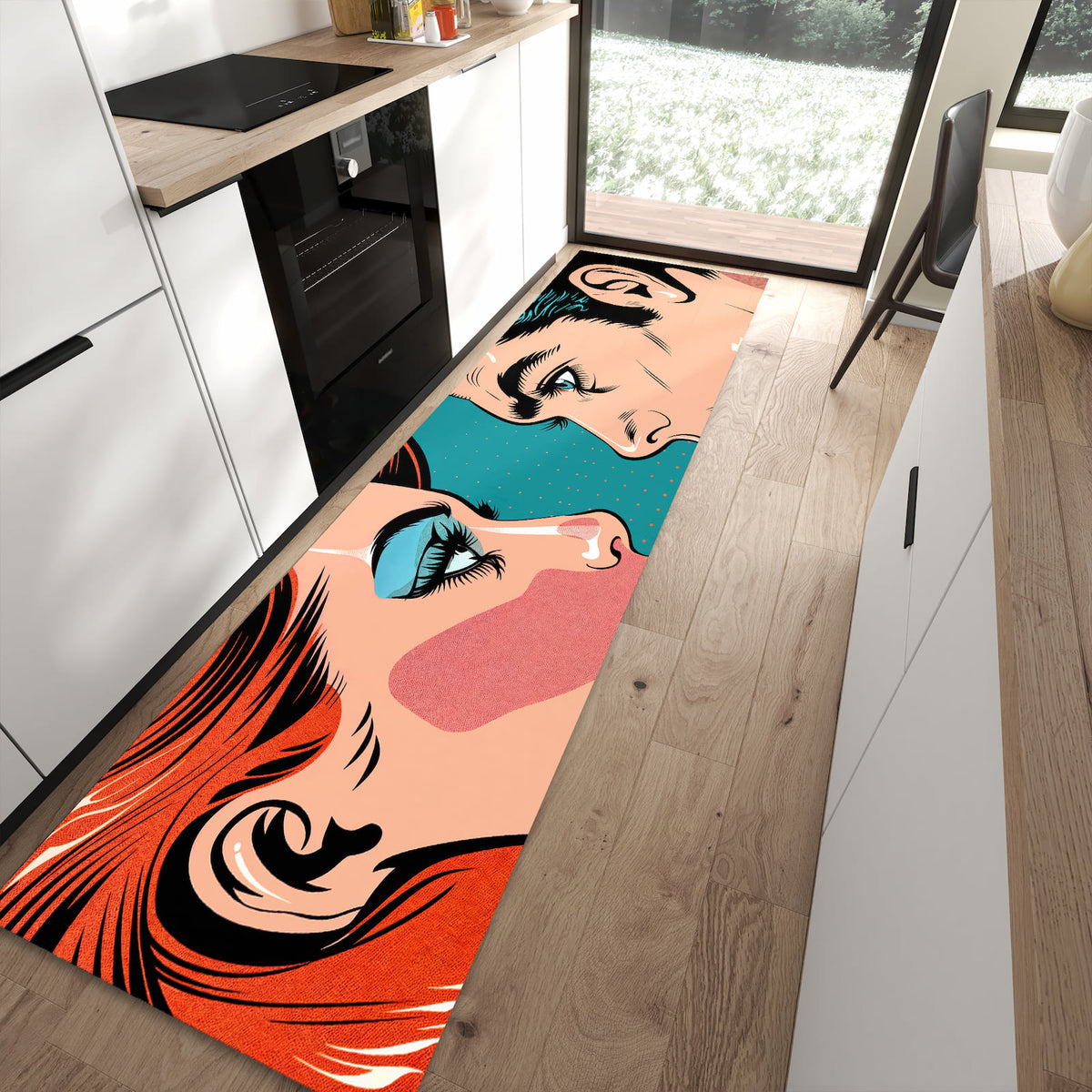 Feuchtigkeitsresistenter waschbarer Küchenläufer mit Motiv Pop Art Paar in moderner Küche