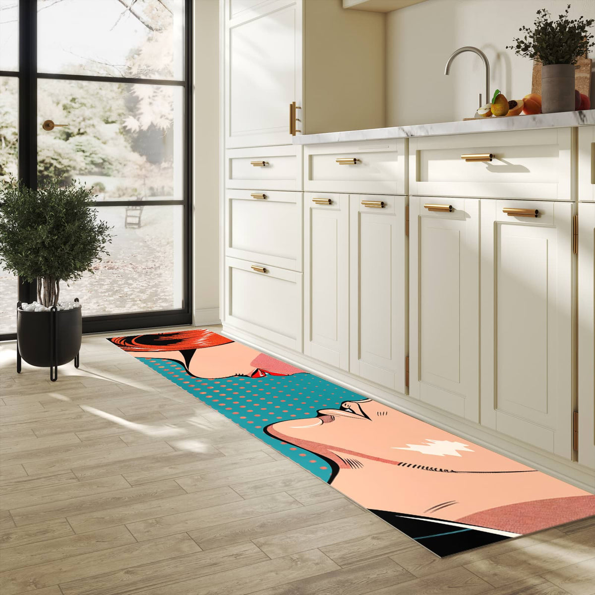 Bodenschonender waschbarer Küchenteppich mit Motiv Pop Art Paar in heller Küche