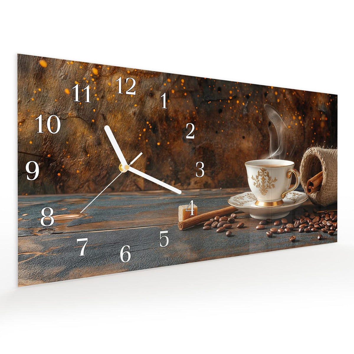 Vormontiert – mit Schwebeeffekt – Wanduhr Kaffee Und Zimt aus Glas – Querformat 60 × 30 cm