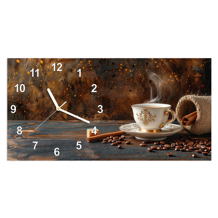 Wanduhr Kaffee Und Zimt aus Glas – Querformat 60 × 30 cm mit Ziffernblatt Modern
