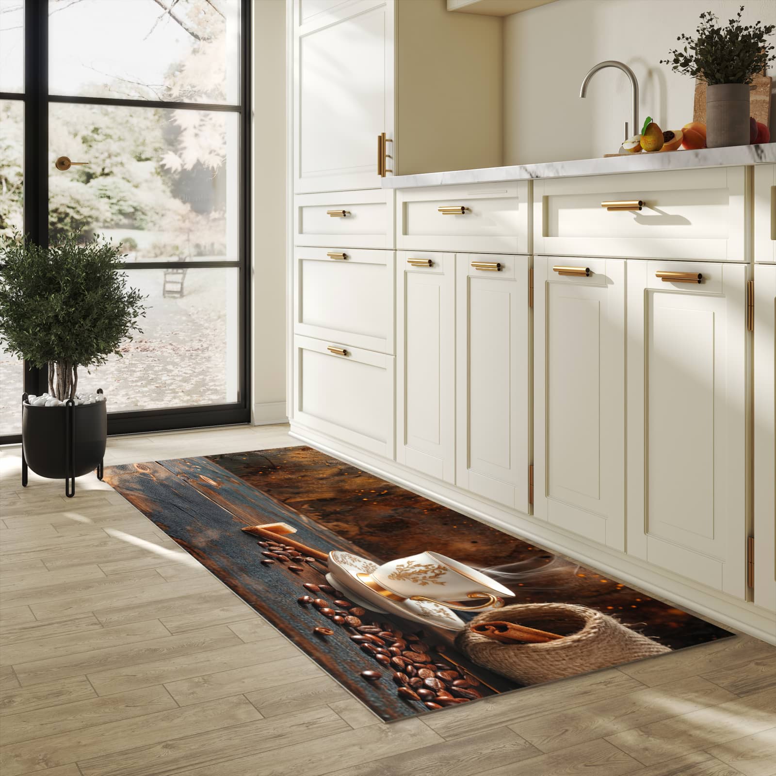 Waschbarer Teppich fürs Esszimmer mit Motiv Kaffee Und Zimt in heller Küche