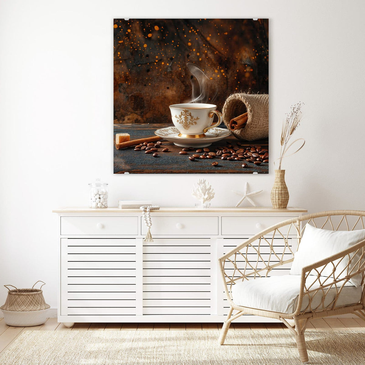 Echtglas, 4 mm – kein Acryl, keine Folie – Wandbild - Kaffee und Zimt - Quadratisch
