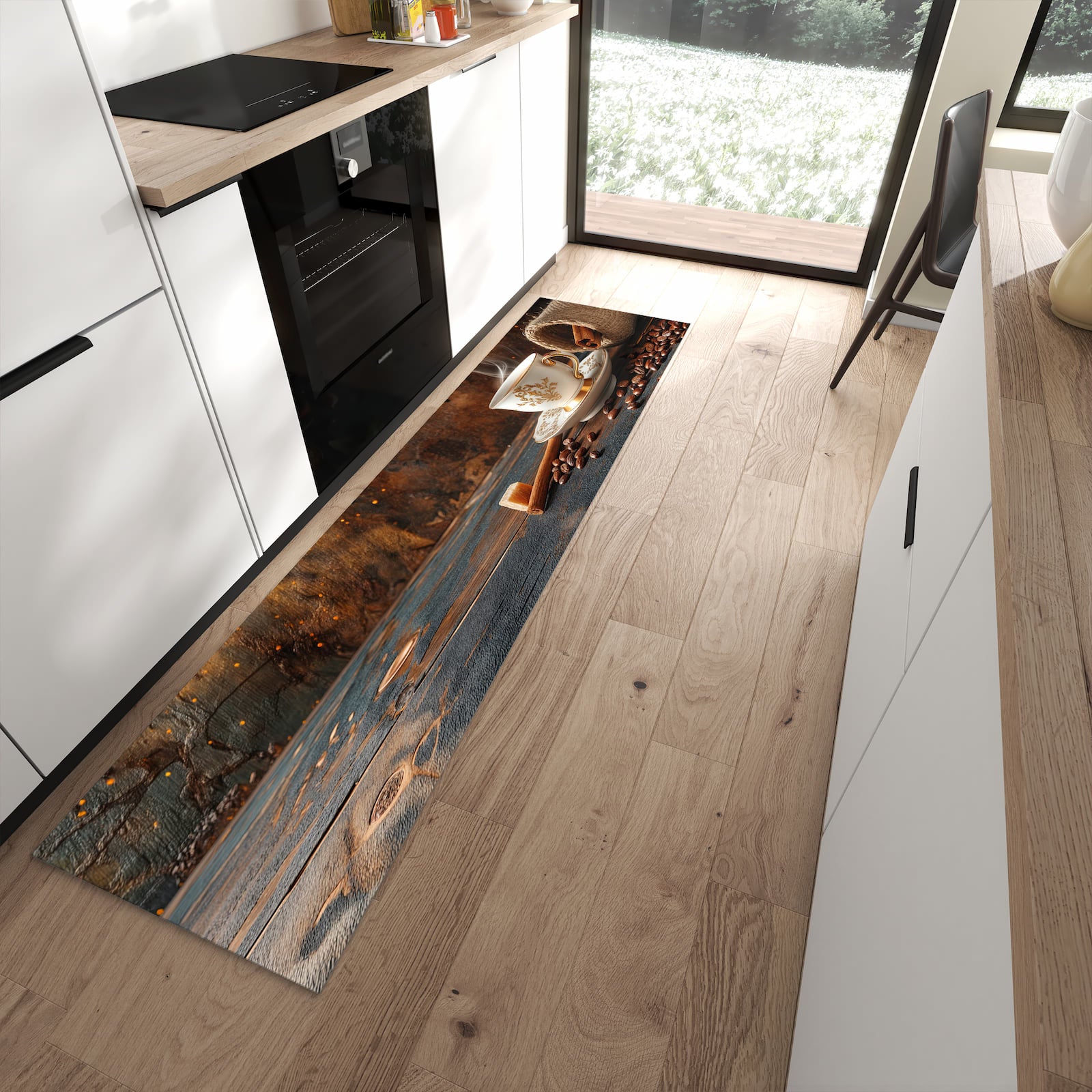 Geräuschdämpfender Teppich für Esstisch mit Motiv Kaffee Und Zimt in moderner Küche