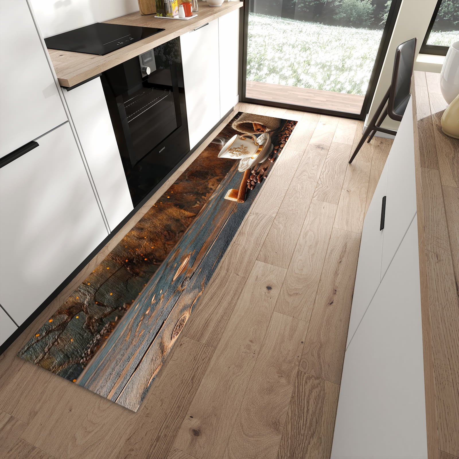 Abriebfester rutschfester Küchenteppich mit Motiv Kaffee Und Zimt in moderner Küche