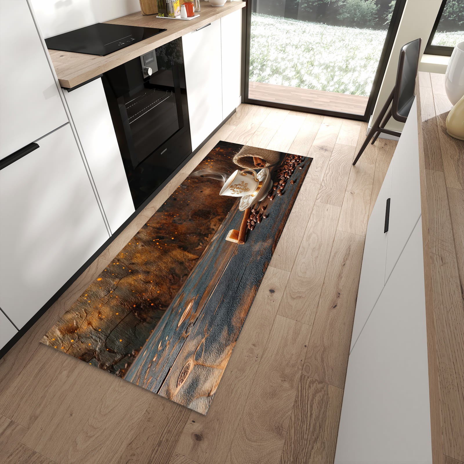 Wasserabweisender Küchenteppich mit Motiv Kaffee Und Zimt in moderner Küche