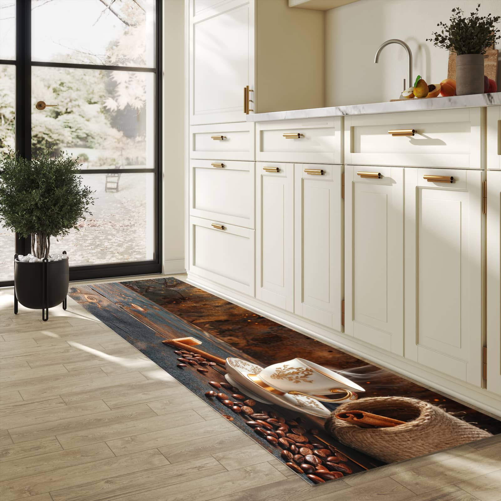 Hygienischer rutschfester Küchenteppich mit Motiv Kaffee Und Zimt in heller Küche