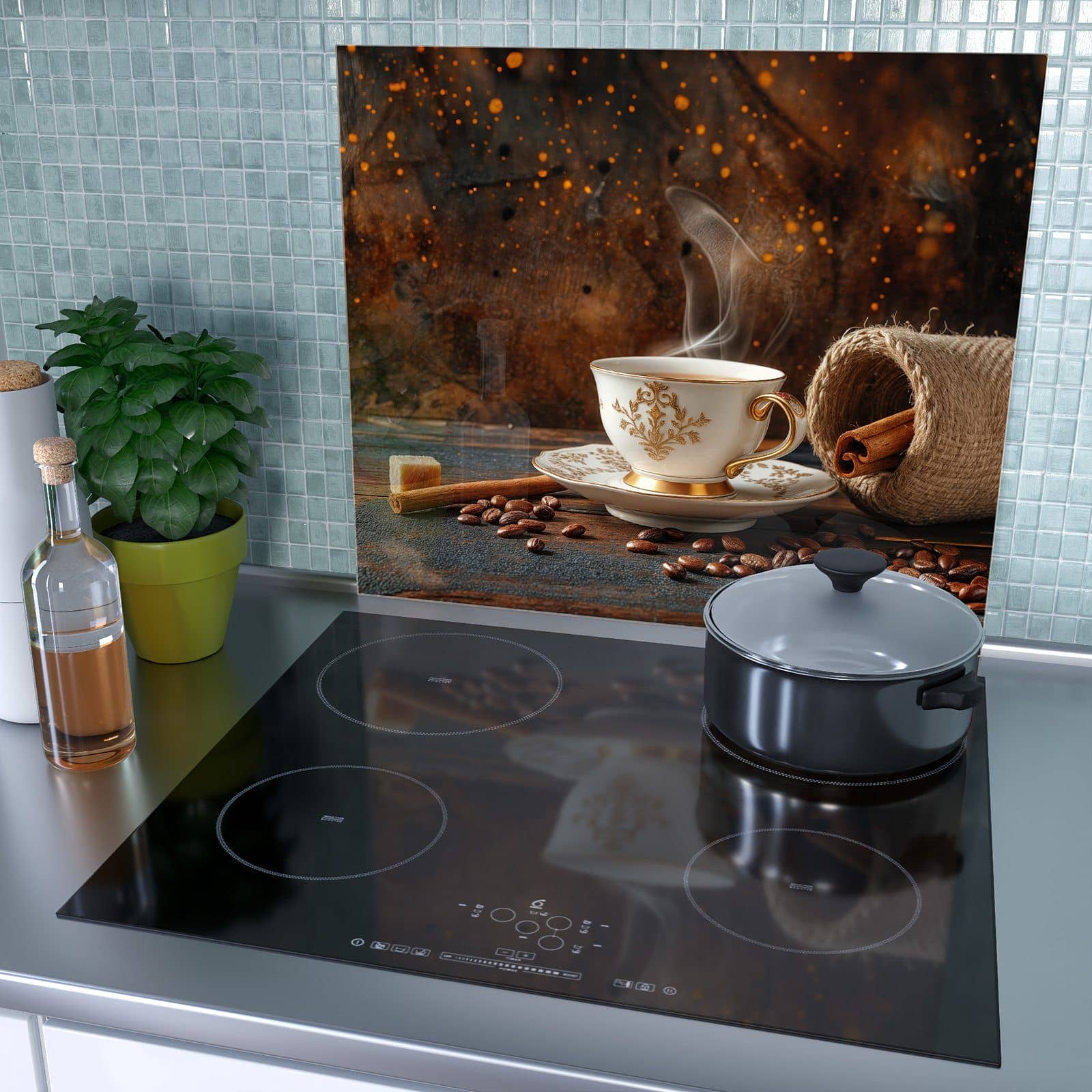 1-teilige Glasabdeckplatte für Ceranfeld mit Kaffee Und Zimt-Motiv als Spritzschutz hinter dem Kochfeld
