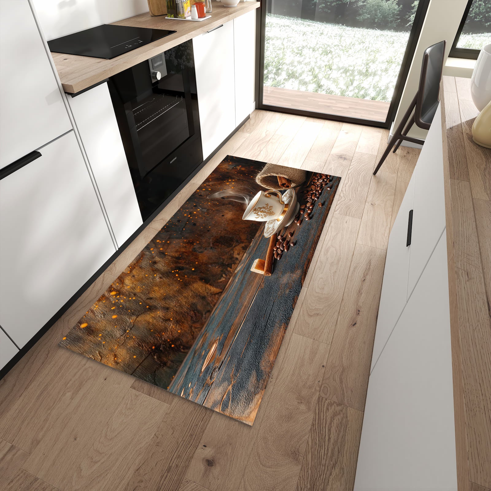 Langlebiger Küchenteppich mit Motiv Kaffee Und Zimt in moderner Küche