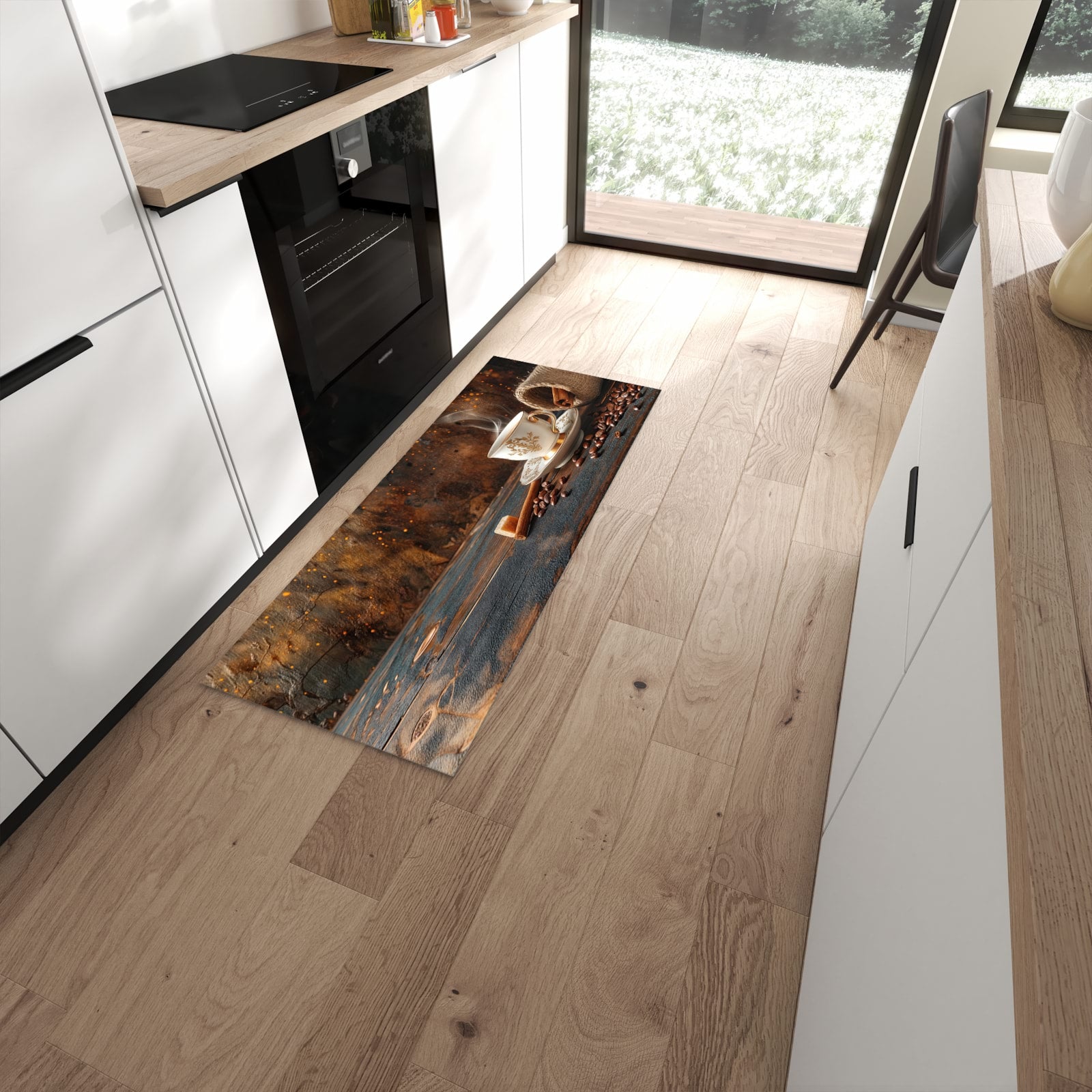 Waschbarer Küchenteppich mit Motiv Kaffee Und Zimt in moderner Küche für sichere Aufbewahrung #grösse_60 x 150 cm